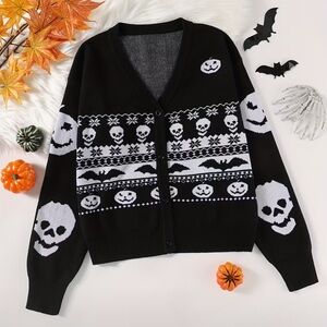 NWOT Halloween Insipred Black & White Goth Button Down Holiday Cardigan Sweater